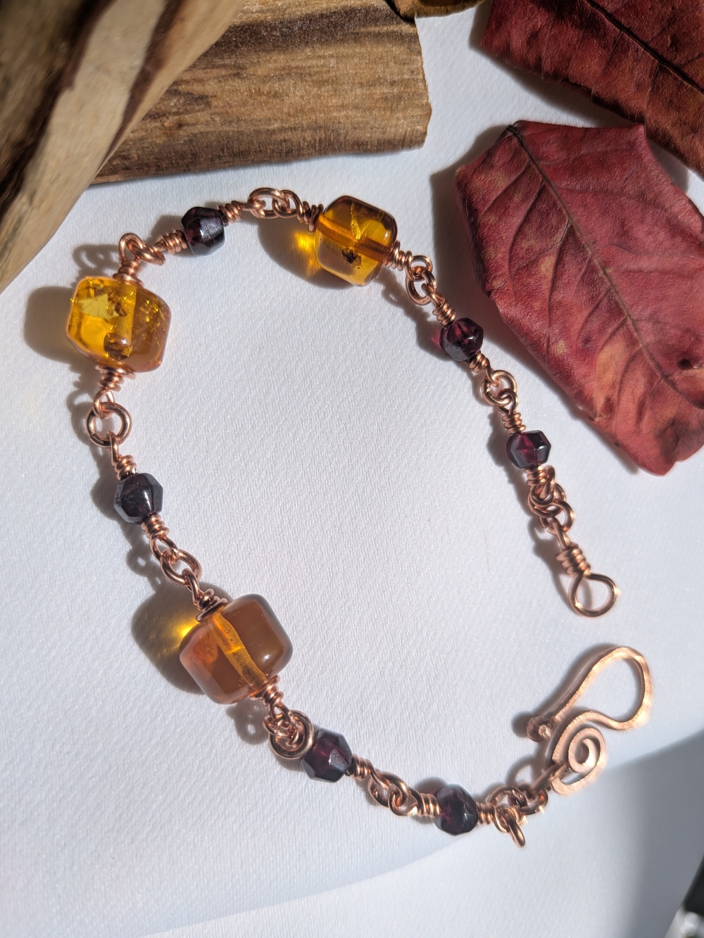 Handcrafted Baltic Amber & Garnet Copper Bracelet - Butterscotch Amber